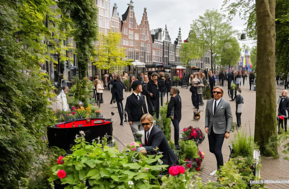 City street with traditional architecture and pedestrians in suits at solemn event