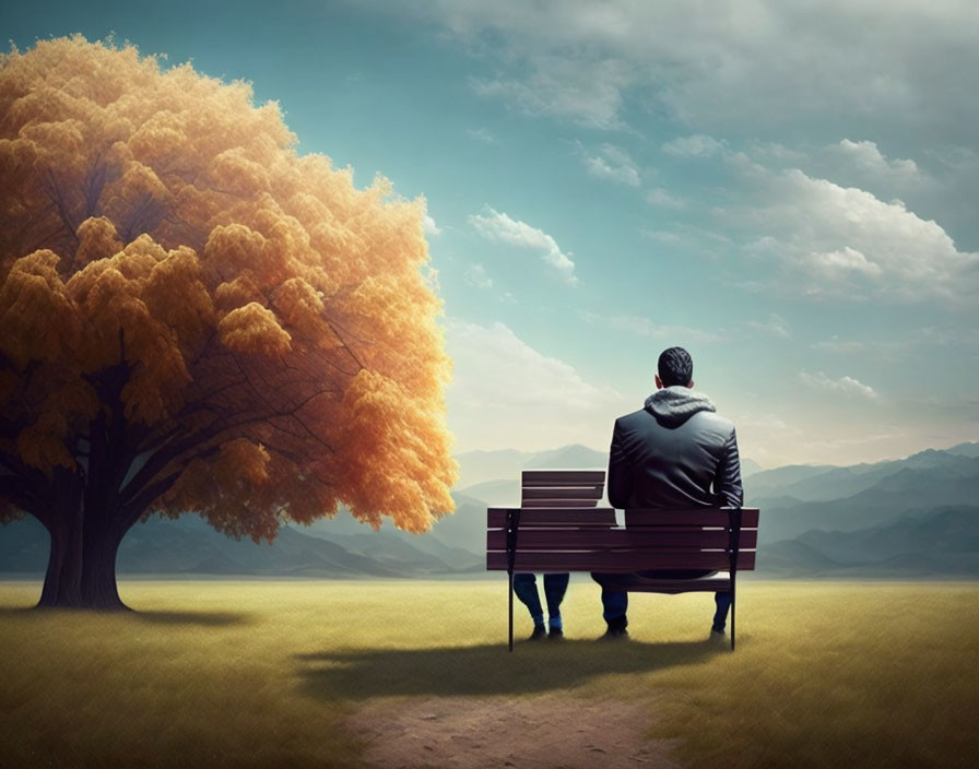 Person sitting on bench admiring mountain view with autumn tree