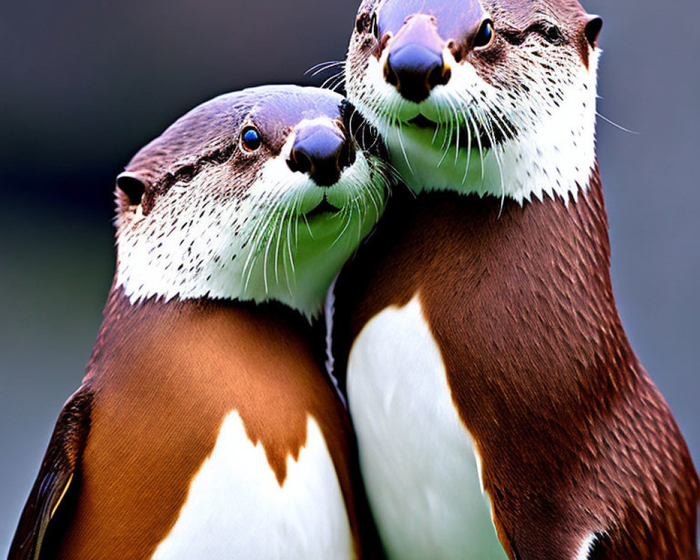 Two otters nuzzling cheek in close-up shot