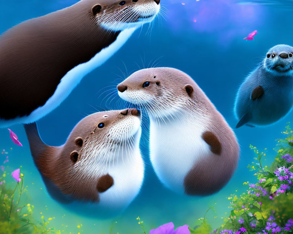 Four animated otters floating in blue water with purple flowers and greenery