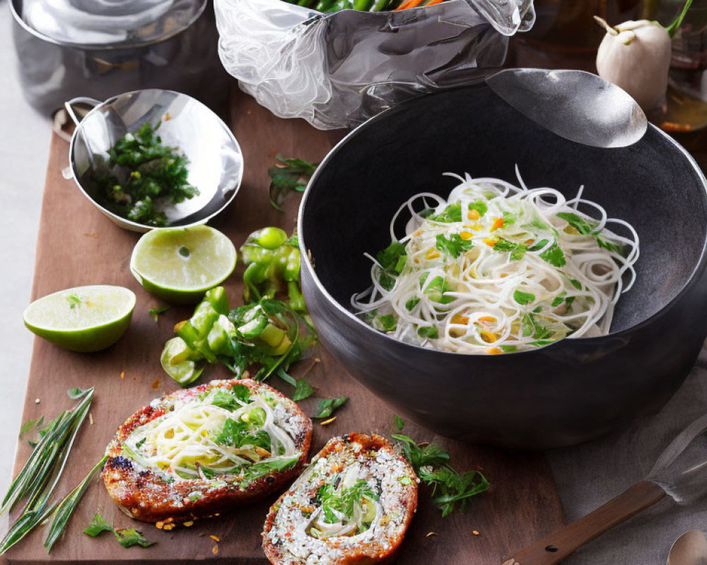 Rice Noodles with Grilled Chicken and Fresh Vegetables on Wooden Board