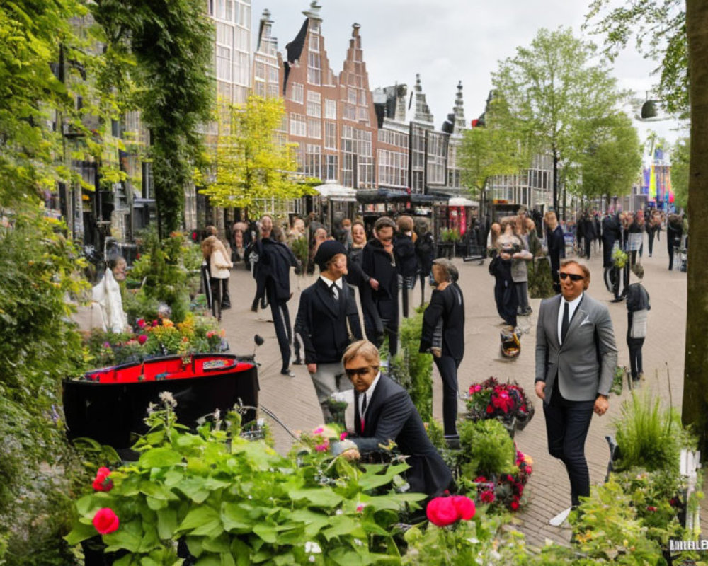 City street with traditional architecture and pedestrians in suits at solemn event