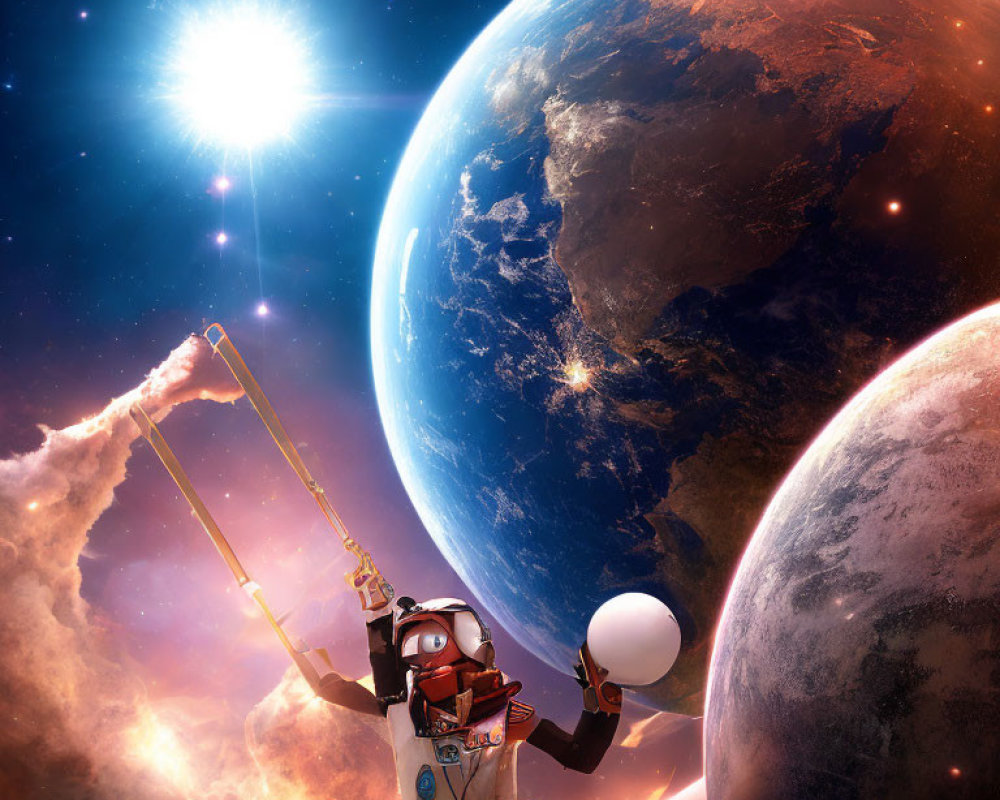 Astronaut with jetpack reaching star in nebula with celestial bodies