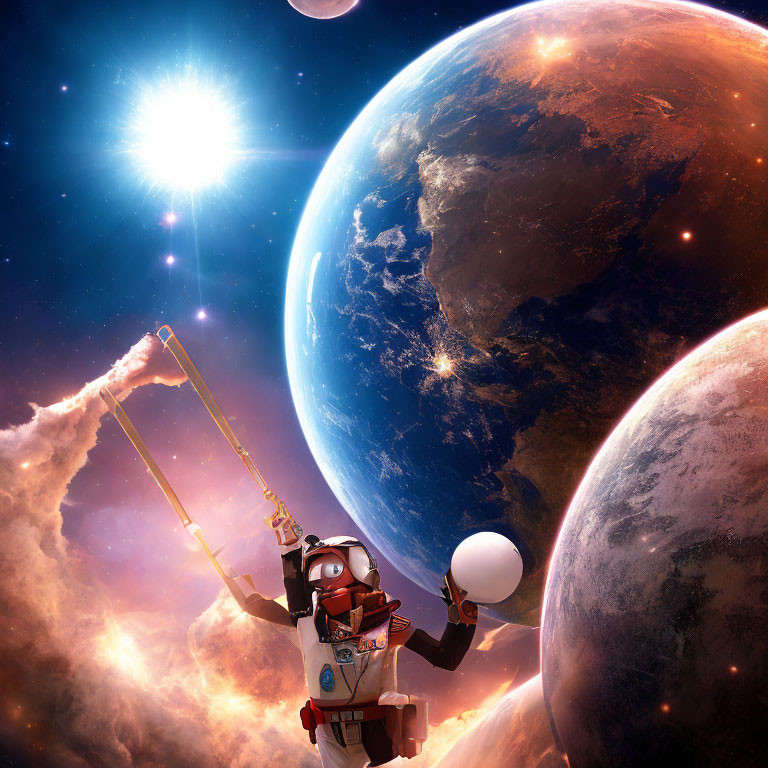 Astronaut with jetpack reaching star in nebula with celestial bodies