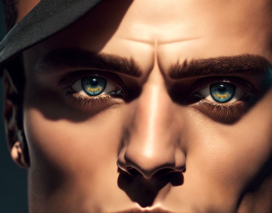 Close-up portrait of person with striking blue eyes wearing a hat and casting a dramatic shadow.