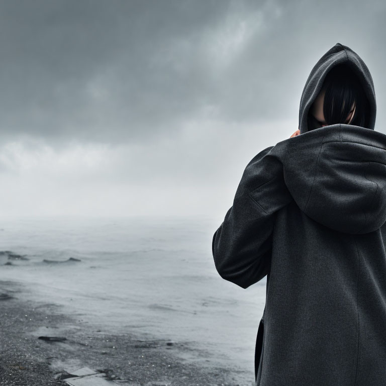 Hooded figure on desolate landscape under overcast sky