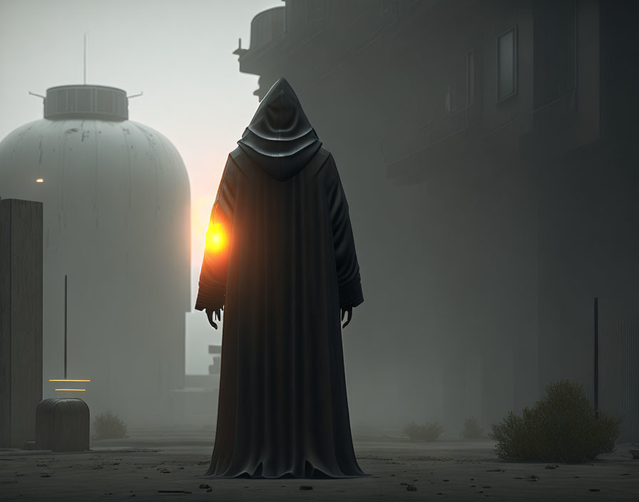 Cloaked figure holding glowing orange orb in foggy industrial setting