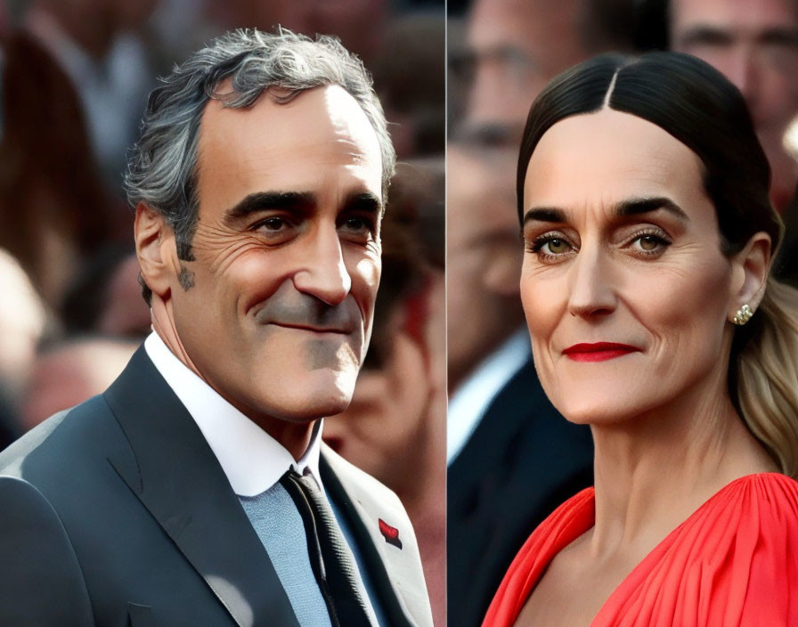 Man in suit and woman in red outfit smiling at event