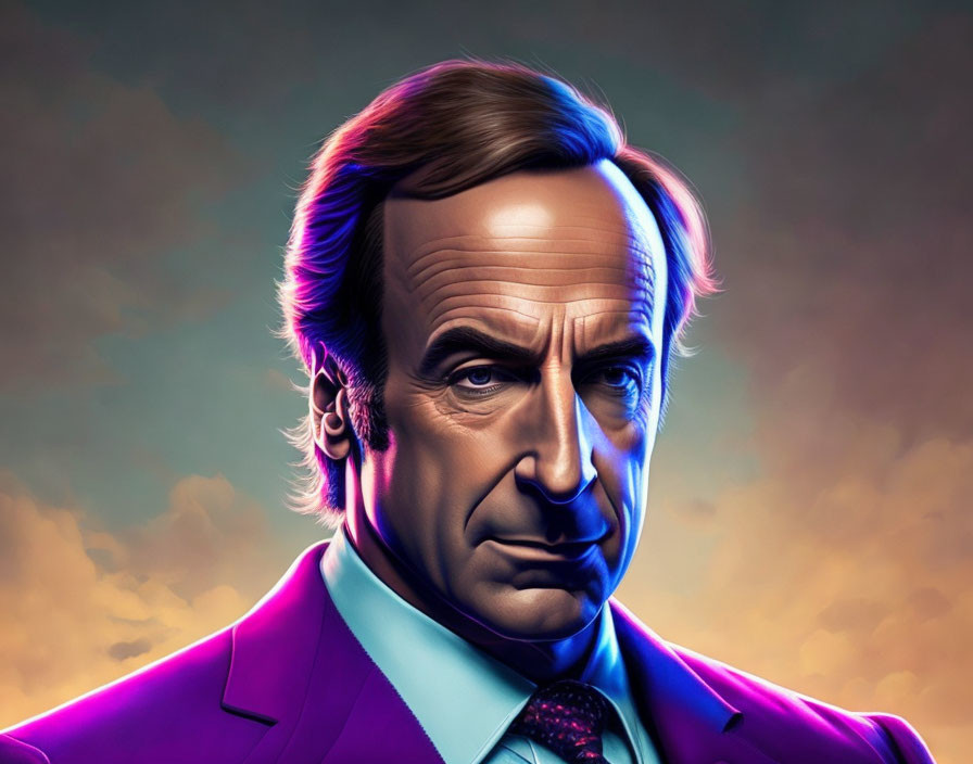 Male character in purple suit on gradient background