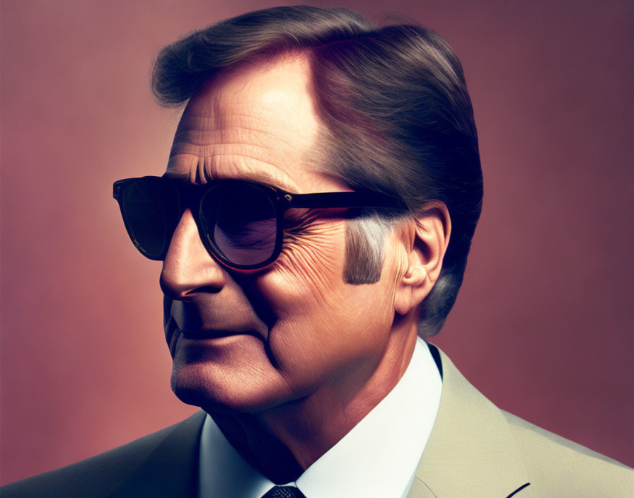 Stylized portrait of a man with dark sunglasses and tan suit