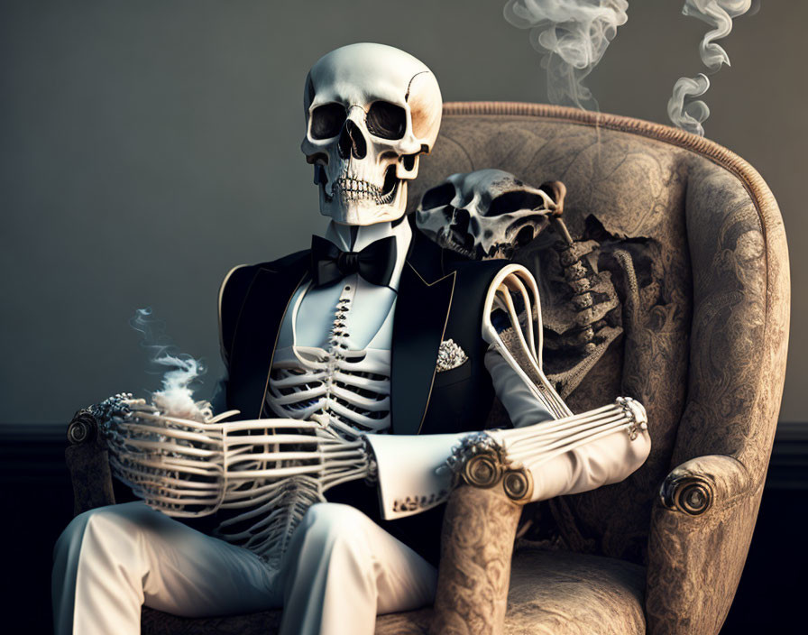 Skeleton in Tuxedo Relaxing in Armchair with Cigarette