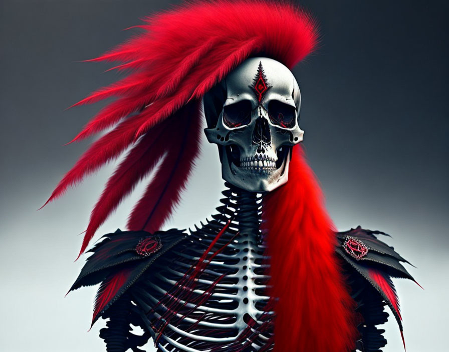 Stylized skeleton with red mohawk on grey background