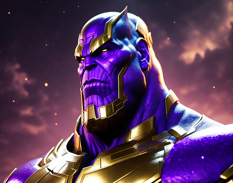 Purple-skinned muscular figure in gold armor against cosmic backdrop