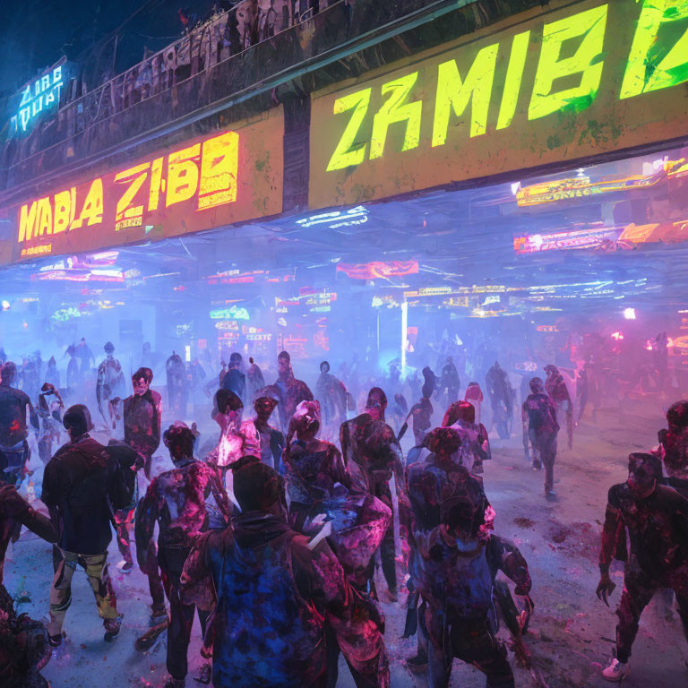 Group of people dressed as zombies in neon-lit "ZOMBIE" area