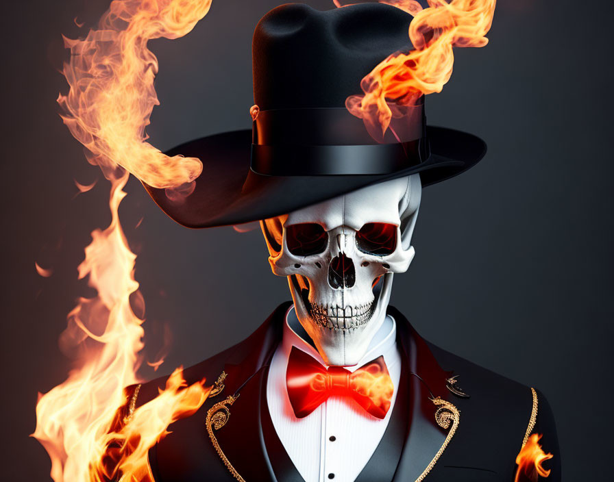 Skeleton in Top Hat and Flames on Dark Background