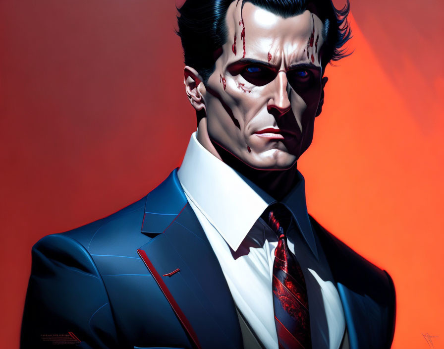 Stylized illustration of man in blue suit with slicked-back hair and blood on face