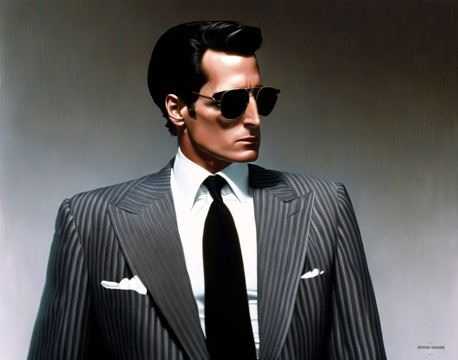 Stylish man in pinstripe suit, white shirt, tie, and sunglasses