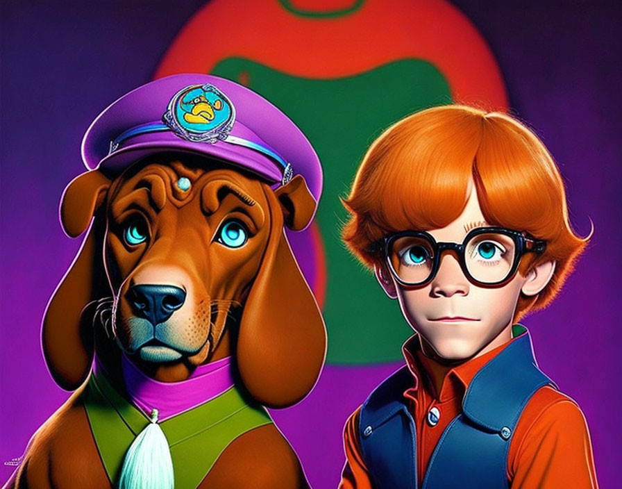 Illustration of boy with glasses and dog in flight cap against purple background.