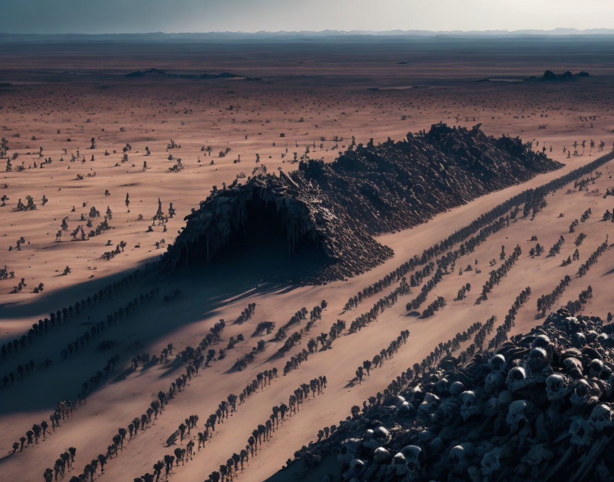 Desert Landscape with Mountainous Formation and Scattered Vegetation