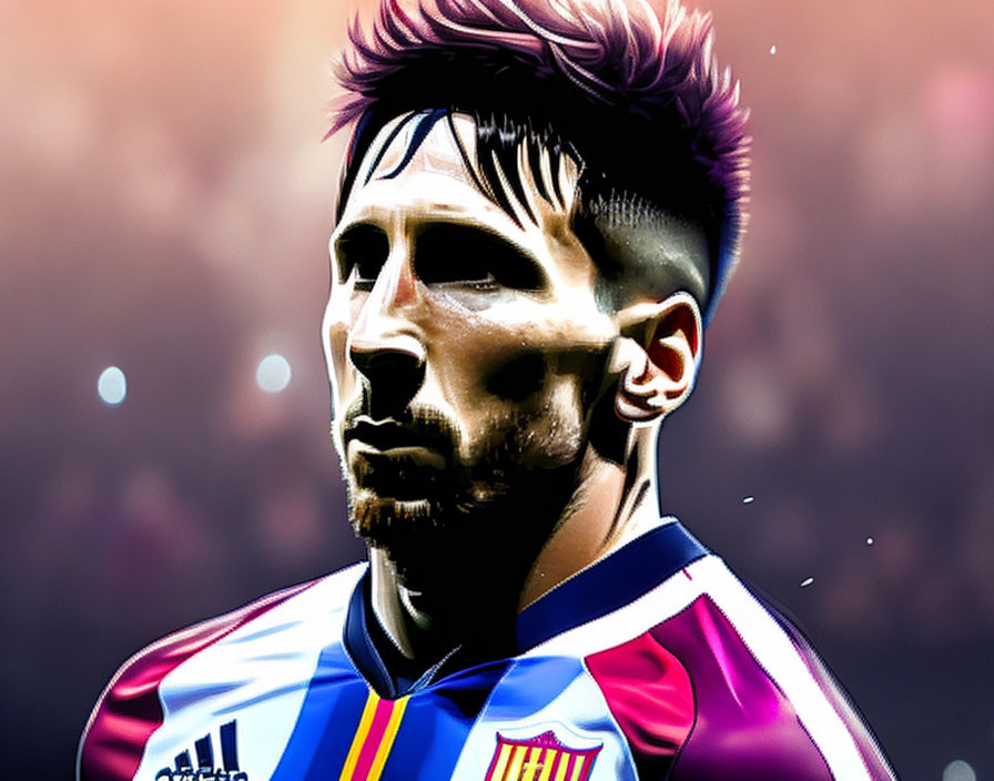 Soccer player portrait in FC Barcelona kit with beard on stadium backdrop