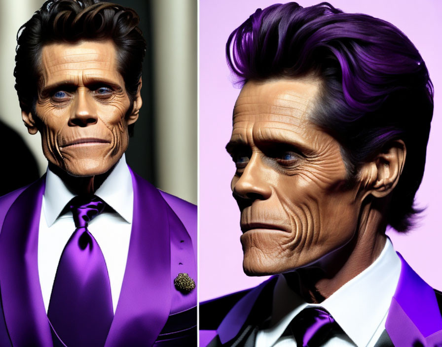 Stylized 3D artwork: Exaggerated man in purple suit