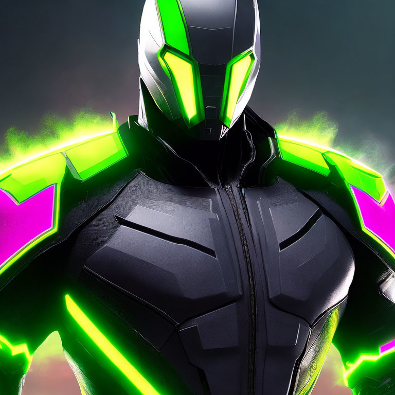 Futuristic black and green armored suit with glowing accents and sleek helmet against misty backdrop