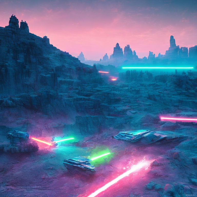 Sci-fi landscape with flying vehicles and colorful beams in a purple sky