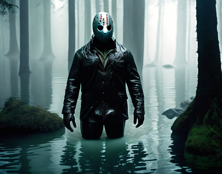 Eerie forest swamp scene with person in hockey mask