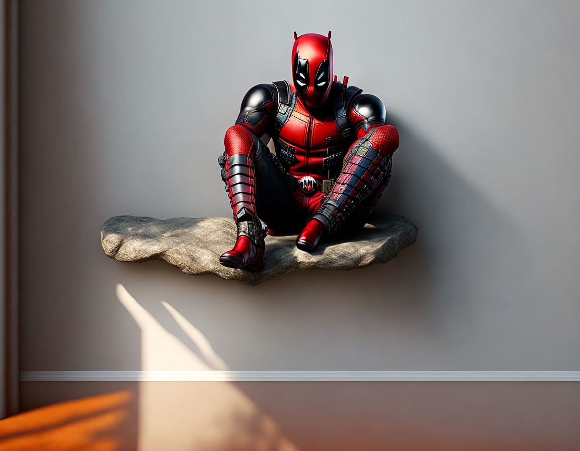 Cross-legged Deadpool-like figure on rocky indoor wall under partial sunlight