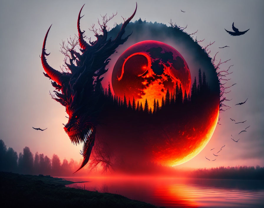 Surreal red moon with dragon silhouette and misty forest reflection