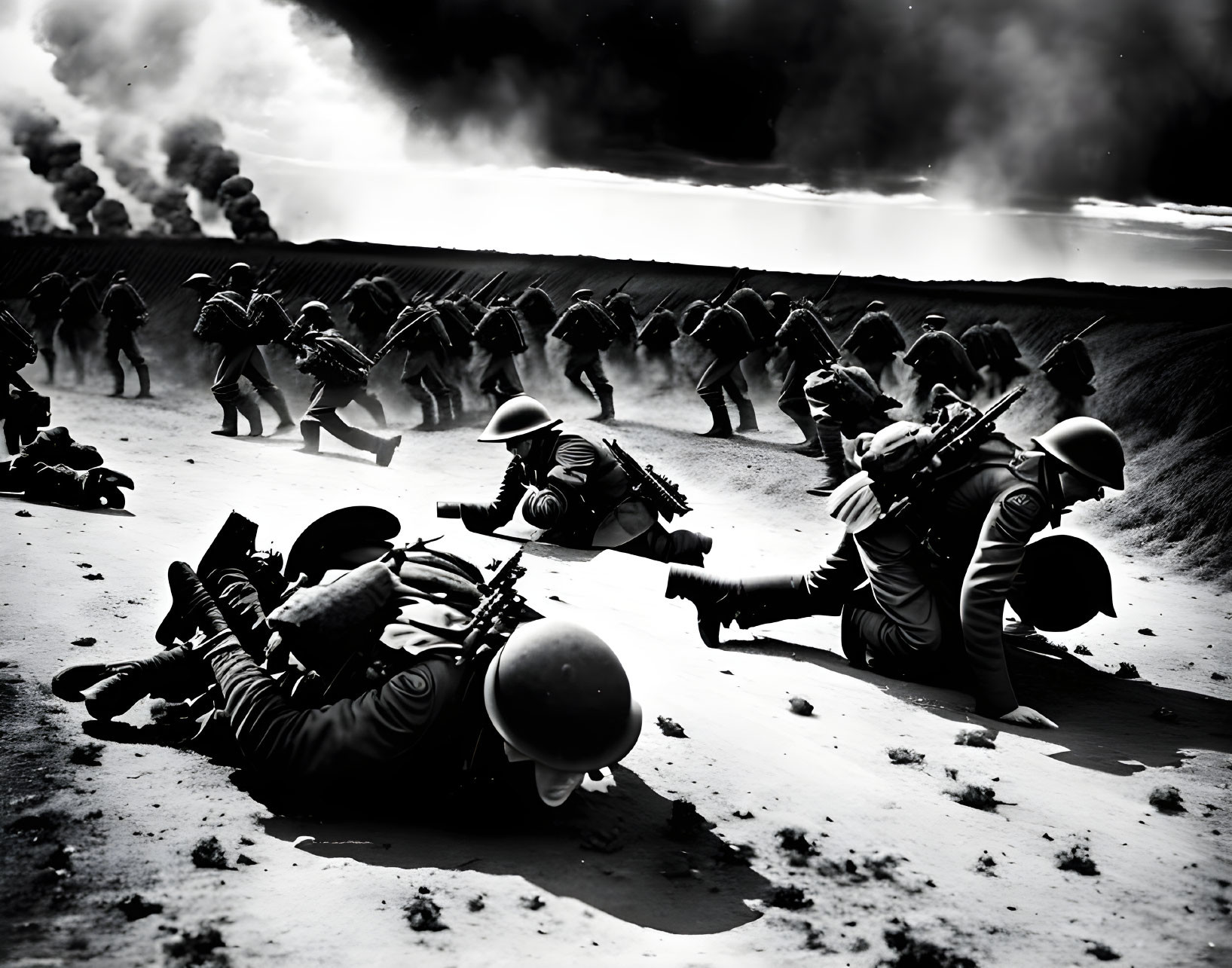 Monochrome illustration of soldiers in battle with explosions