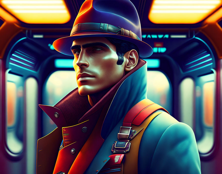 Man in vintage detective outfit on colorful futuristic train