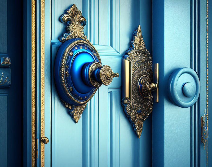 Intricate Golden Door Handle on Vibrant Blue Wooden Door