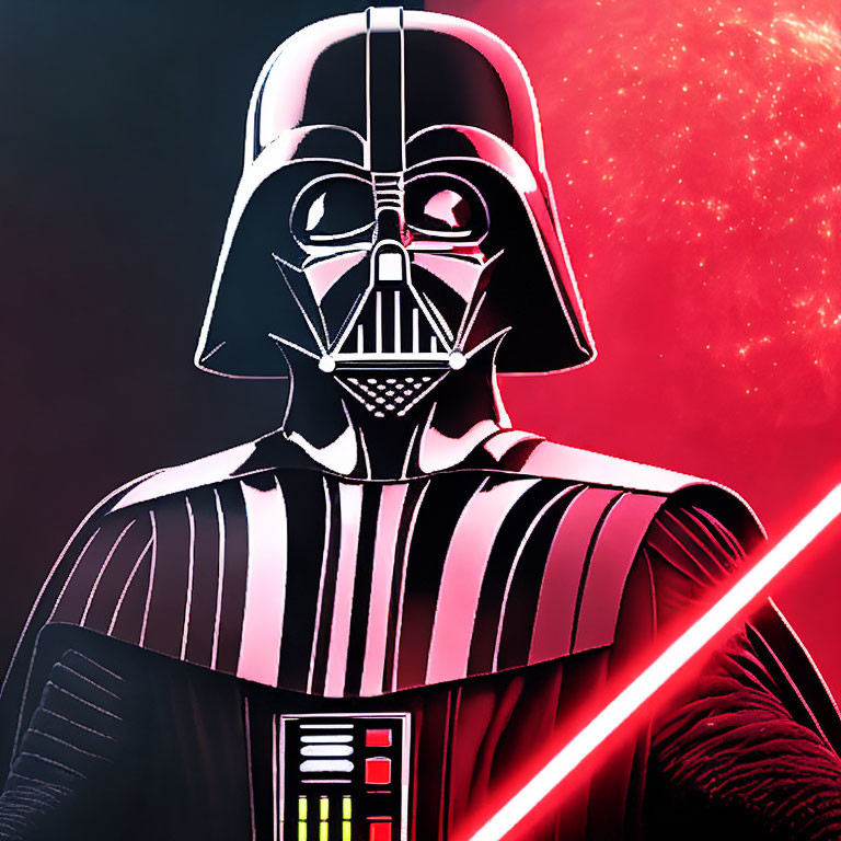 Stylized image of Darth Vader with red lightsaber in cosmic setting