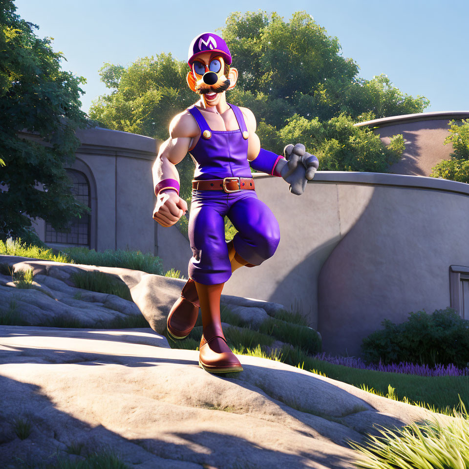 3D rendering of Waluigi in purple and black outfit with "L" cap