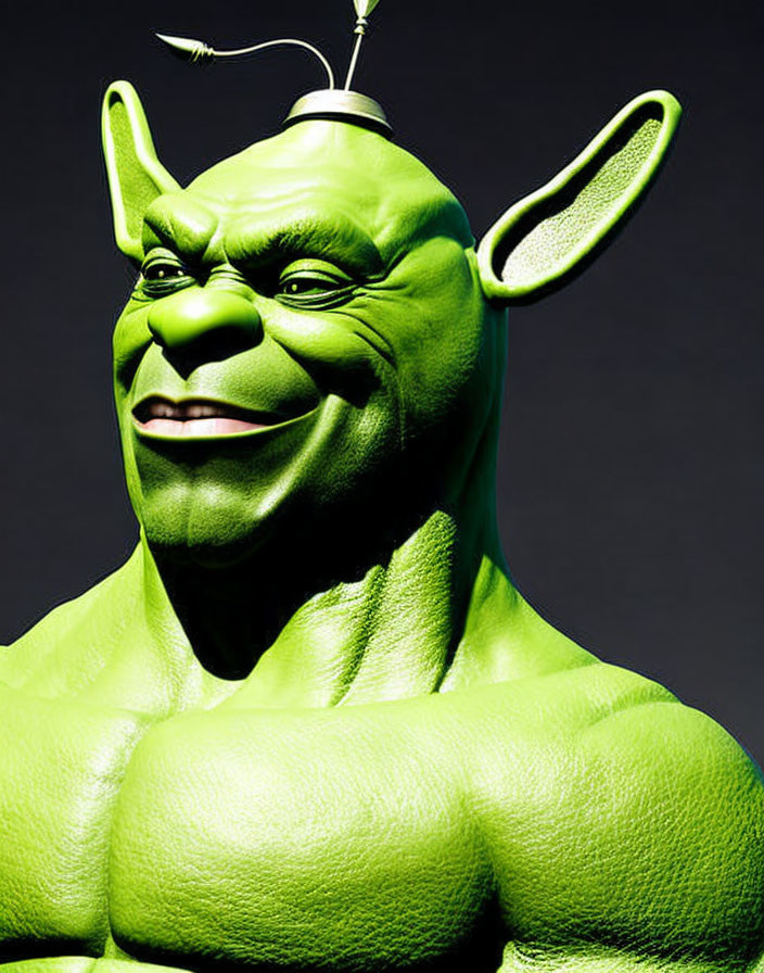 Detailed close-up of a green, muscular animated character with prominent ears and a wry smile