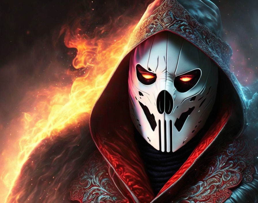 Sinister skull mask and red hood on figure with glowing eyes in fiery setting