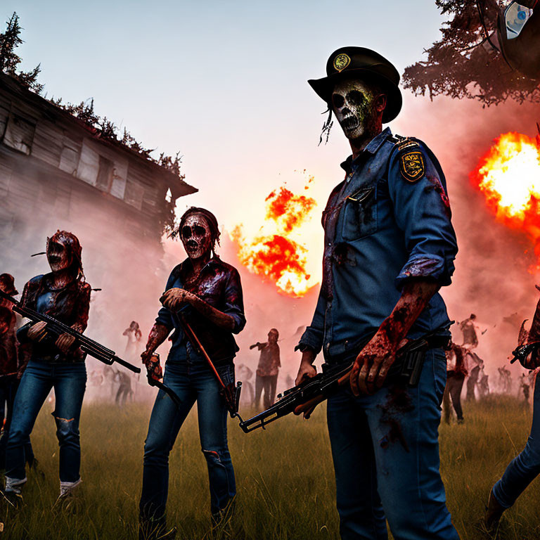 Horror-themed image of zombie police officer and civilians in chaos