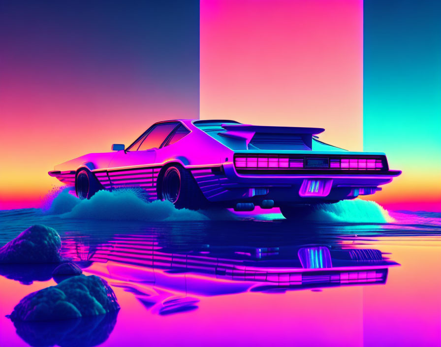 Neon-lit retro-futuristic car over water on pink and blue gradient.