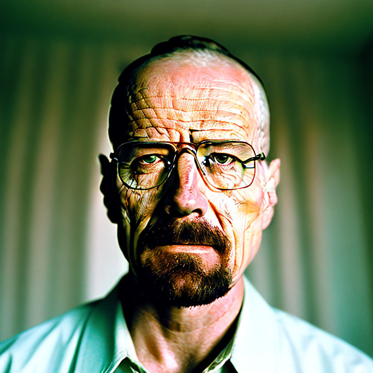 Bald Man with Glasses and Beard Stubble in Green Shirt