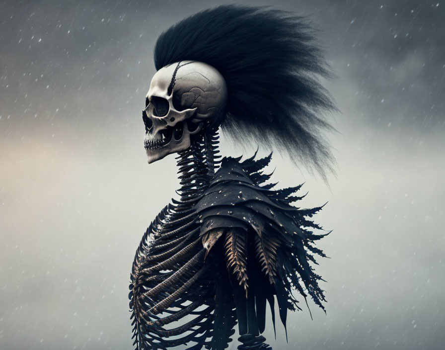 Skeleton with Mohawk Hairstyle in Feathers and Spikes on Snowy Background