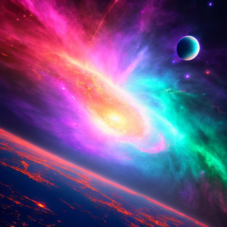 Colorful cosmic scene with swirling galaxy, blue planet, and green nebula clouds.