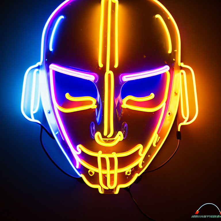 Colorful Neon Sign of Stylized Human Face on Dark Background