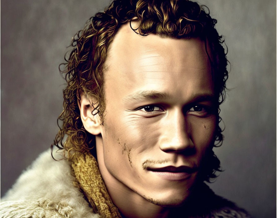 Man with Curly Hair in Fur-Lined Garment Portrait