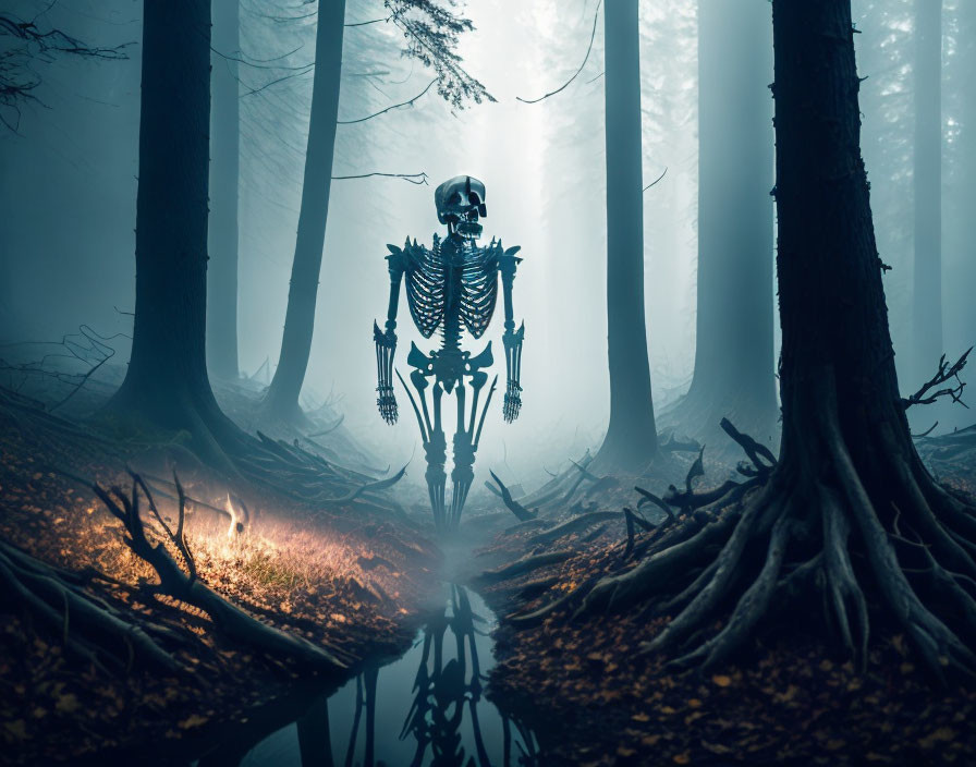 Large Human Skeleton in Dark Forest with Tree Roots and Light Source