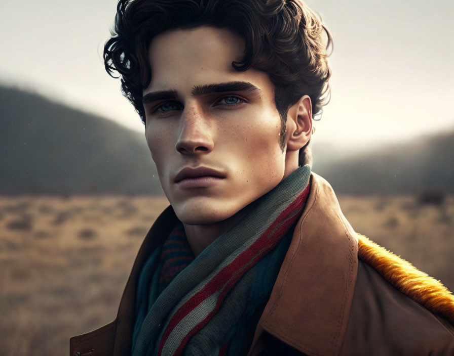 Young Man with Wavy Hair and Scarf Standing in Field at Twilight