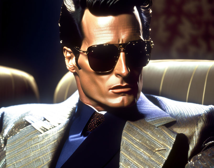 Confident individual in striped suit with slicked-back hair and sunglasses