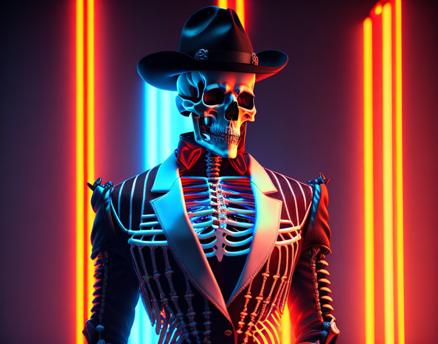 Skeleton in Suit and Hat with Neon Blue and Red Lighting