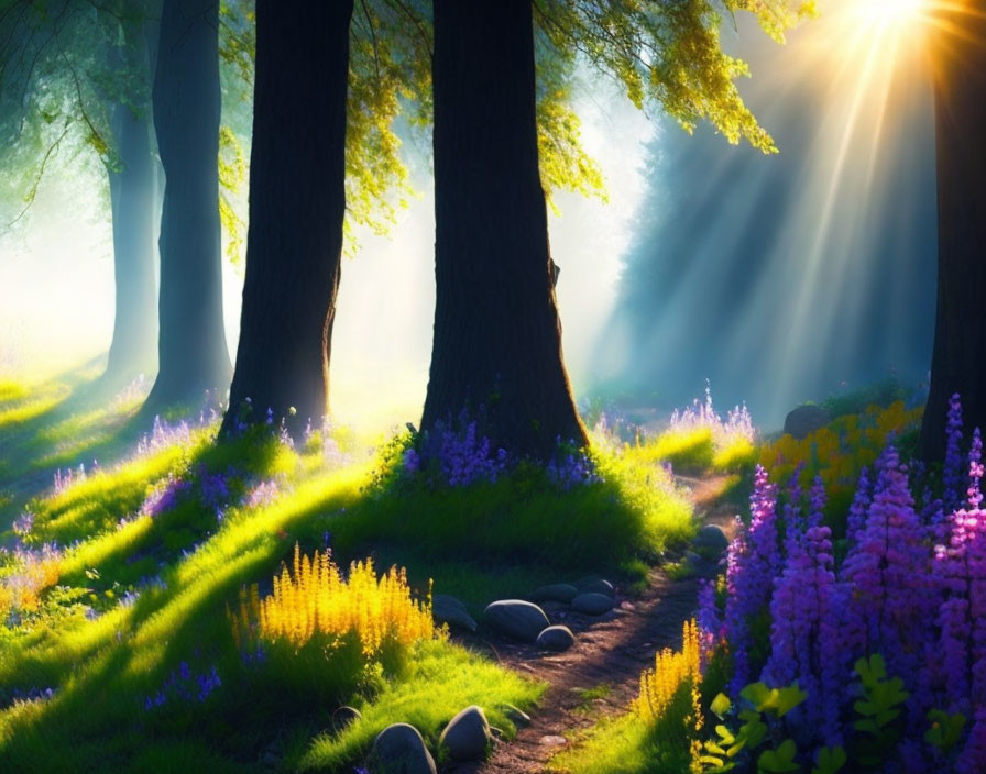 Vibrant forest scene with sunlight, stones, and wildflowers