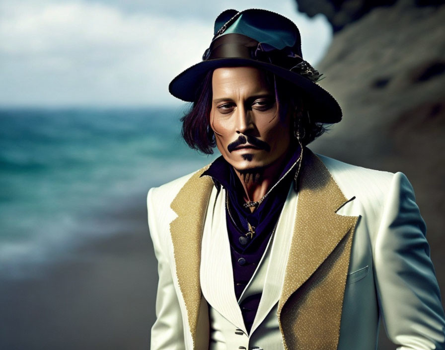 Mustached man in cream suit, vest, and hat exudes vintage sophistication at the beach